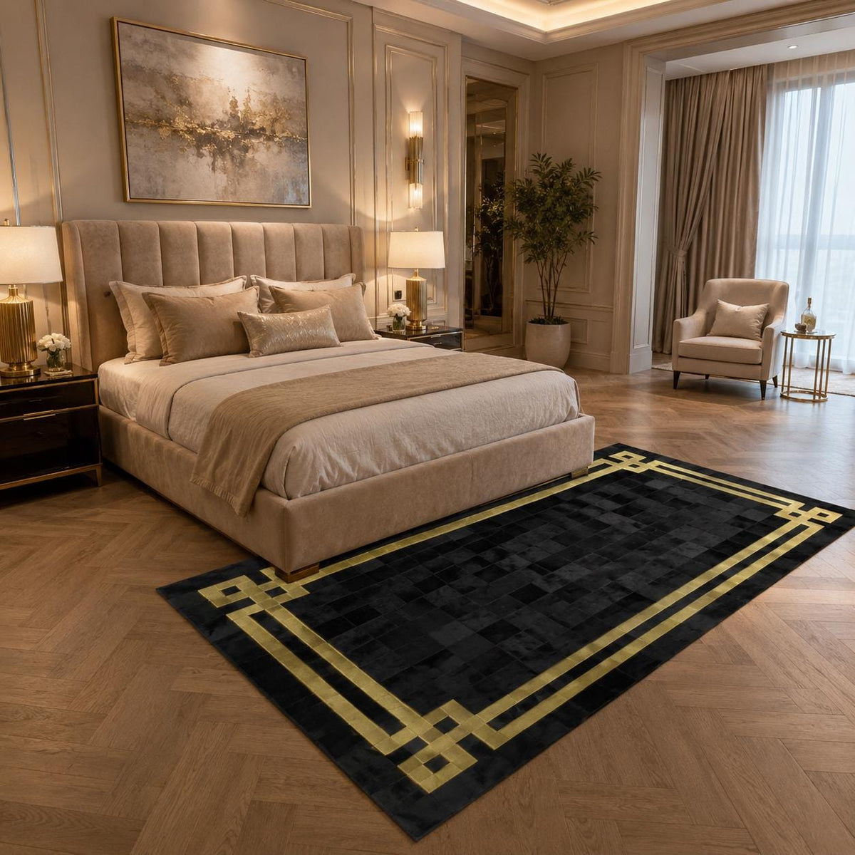 Siyah ve Fildişi Patchwork Dana Derisi Halı – Modern ve Dekoratif Giriş Halısı – görsel 2