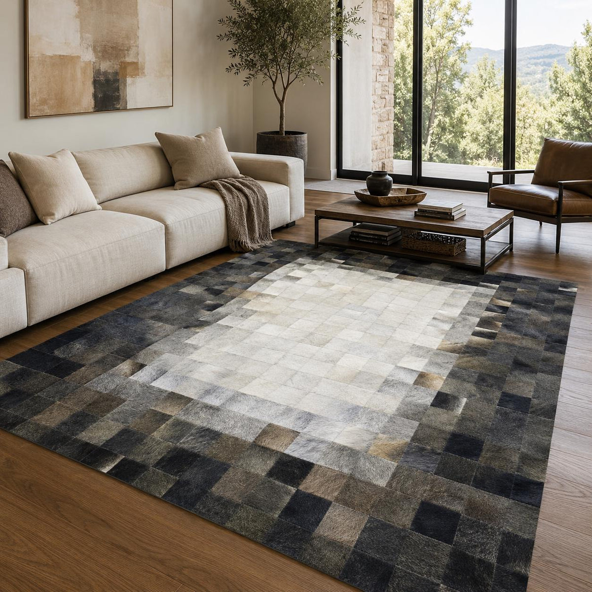 Gri Patchwork Dana Derisi Halı – El Yapımı Şık Giriş Halısı