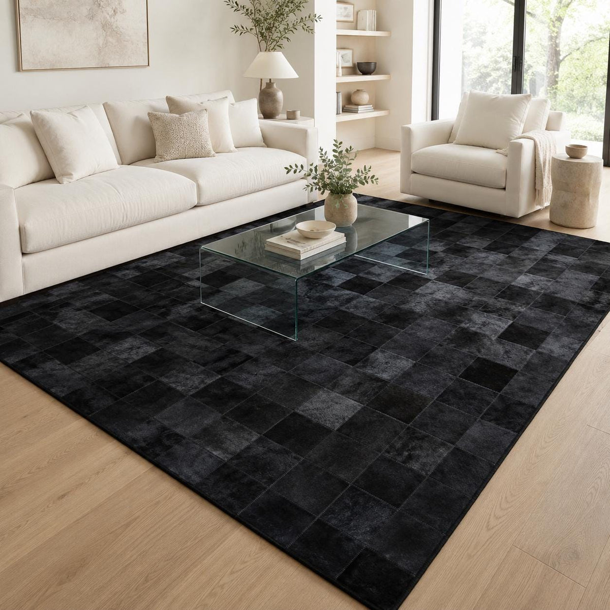 Siyah Patchwork Dana Derisi Halı – Modern ve Dekoratif Salon Halısı – görsel 2