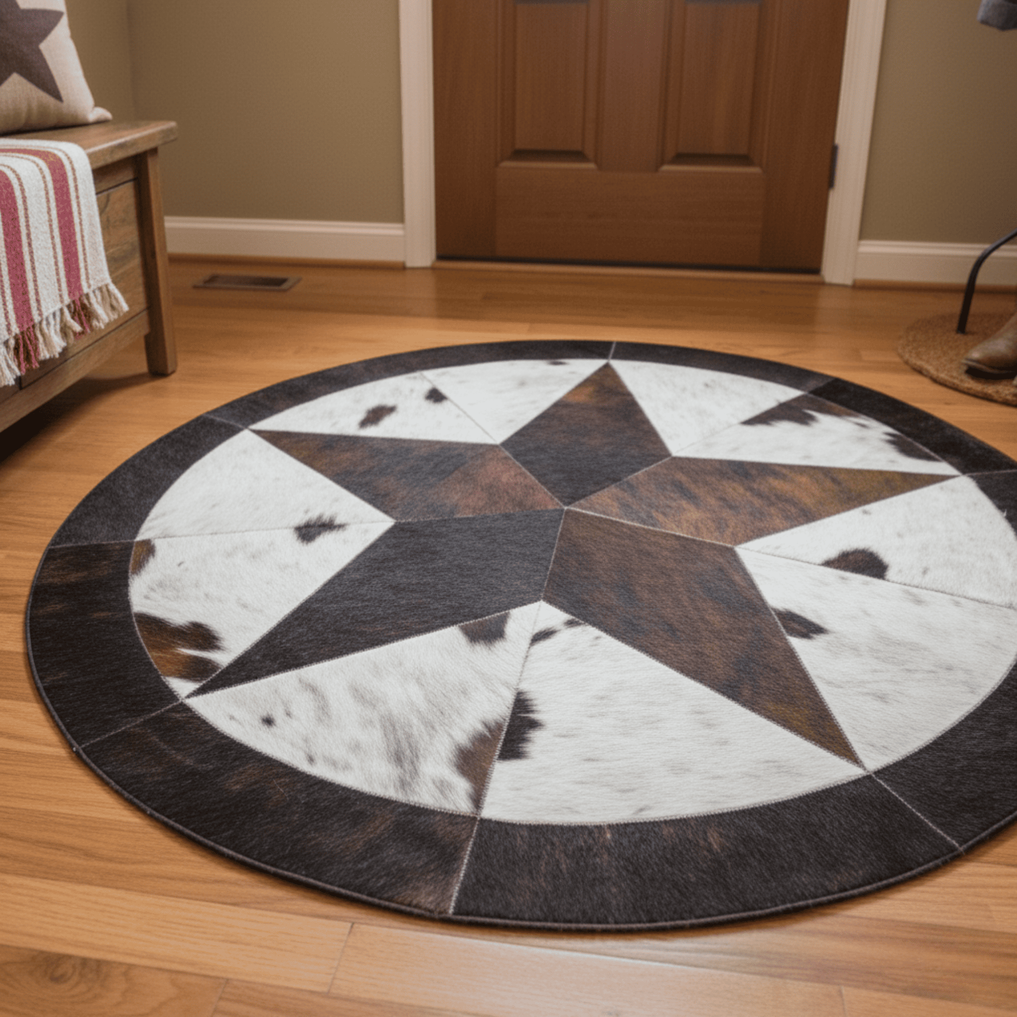 Yıldız Motifli Yuvarlak Dana Derisi Halı - Şık Ortam Halısı