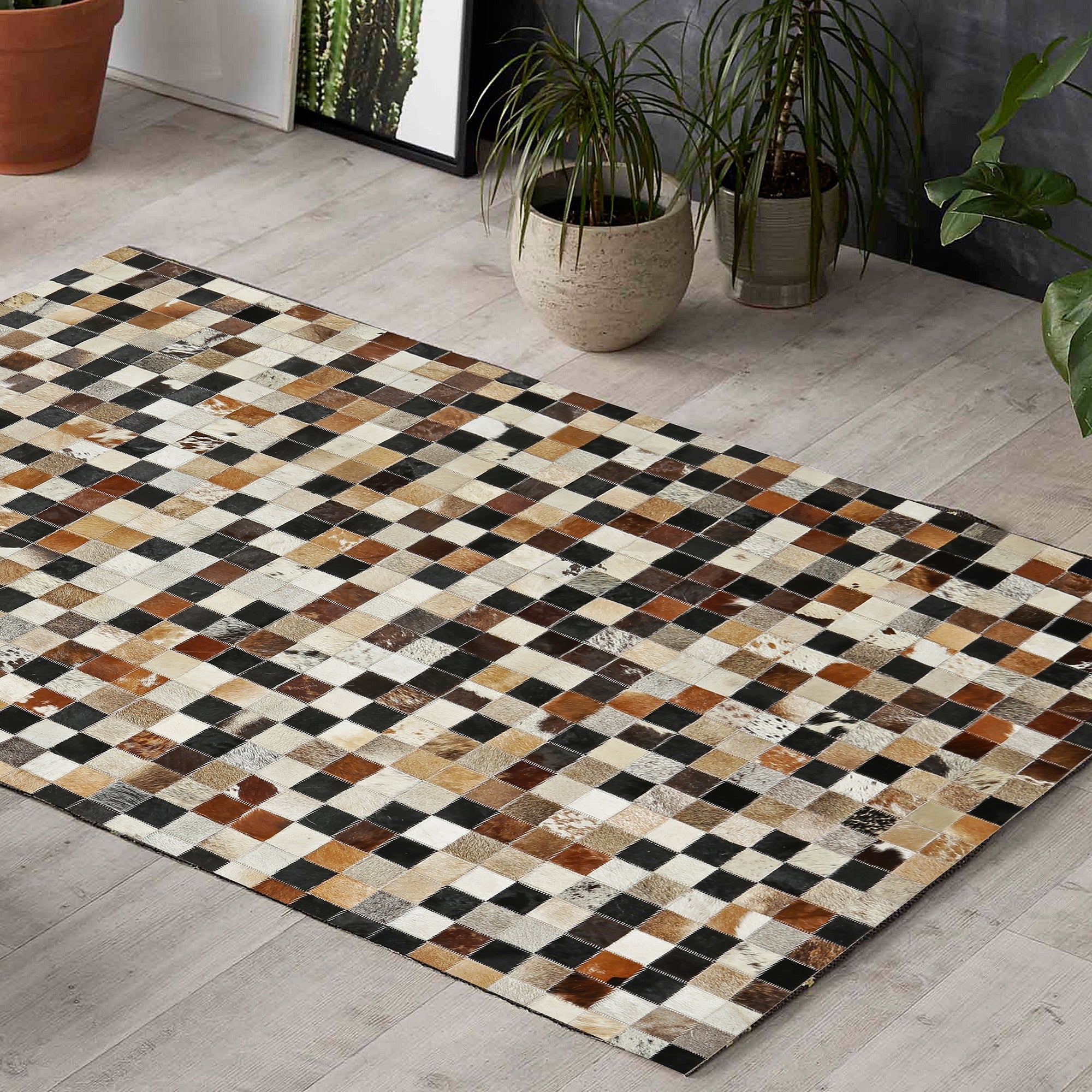 Kahverengi Tonlarda Gerçek Dana Derisi El Yapımı Halı – Dekoratif Patchwork Deri Halı