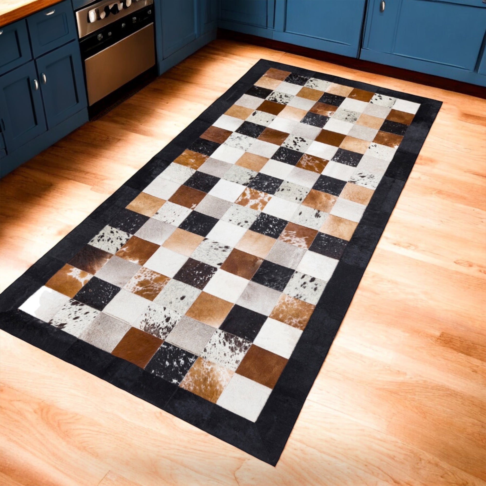 Kahverengi Tonları Dana Derisi Patchwork Halı – El Dokuma Hakiki Deri Lüks Koridor Halısı