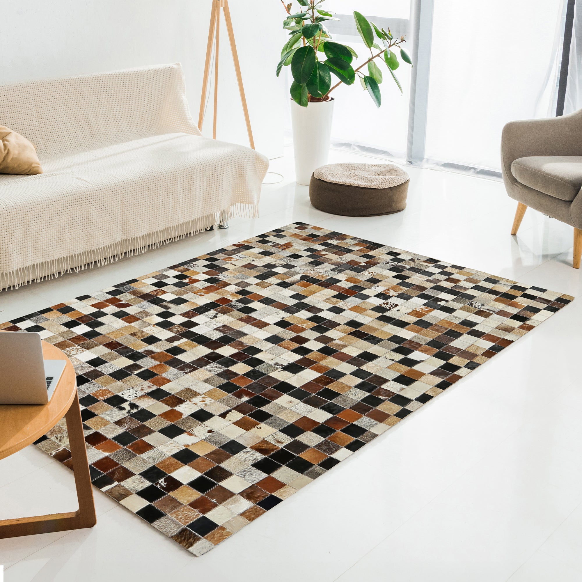 Kahverengi Tonlarda Gerçek Dana Derisi El Yapımı Halı – Dekoratif Patchwork Deri Halı