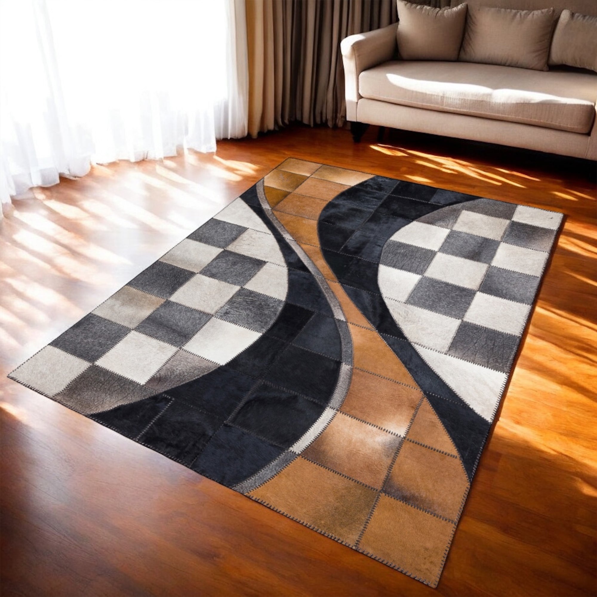 Üç Renkli Dana Derisi Patchwork Halı - El Yapımı Halı