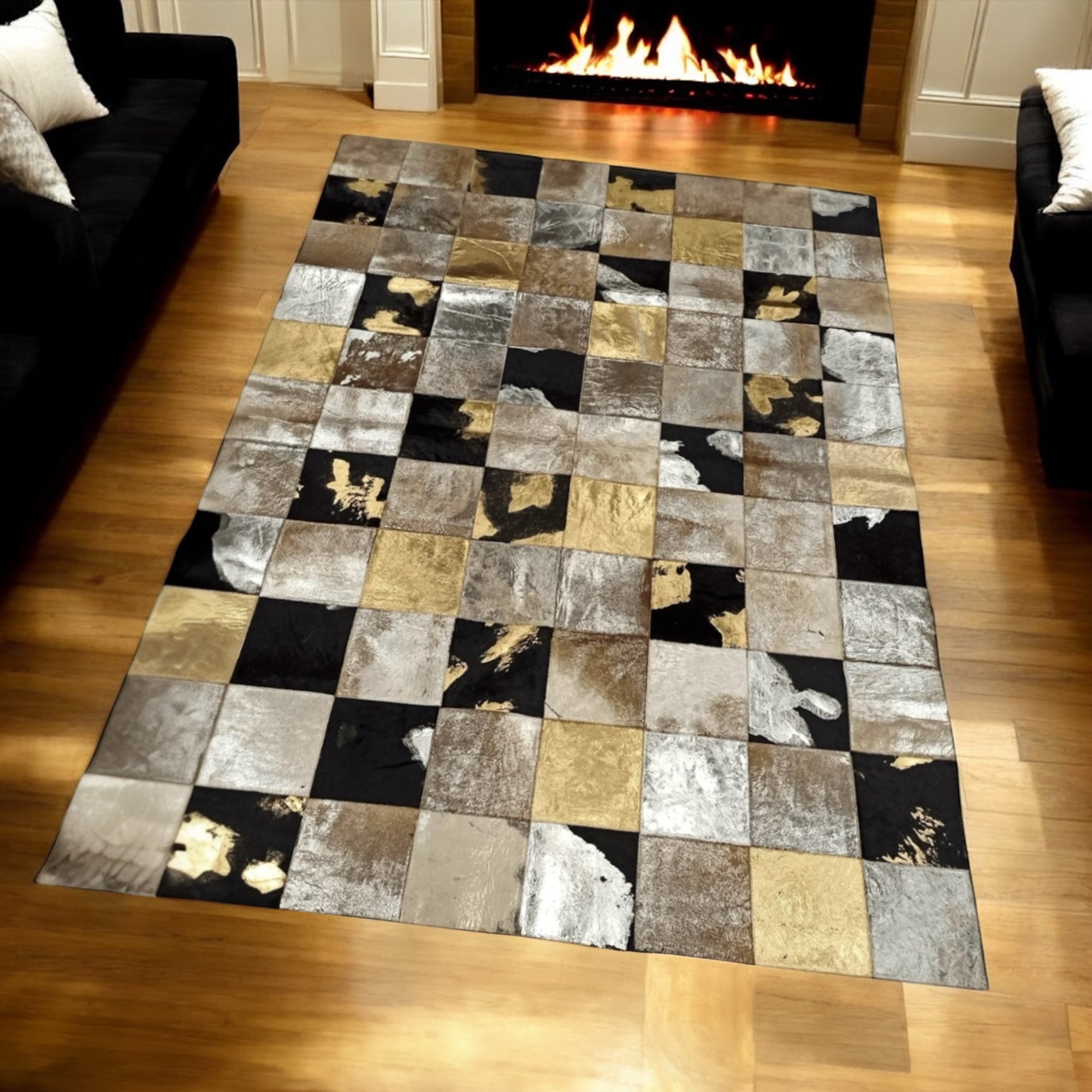 Altın Gümüş Renkli Dana Derisi Patchwork Halı – El Yapımı Hakiki Deri Lüks Salon Halısı