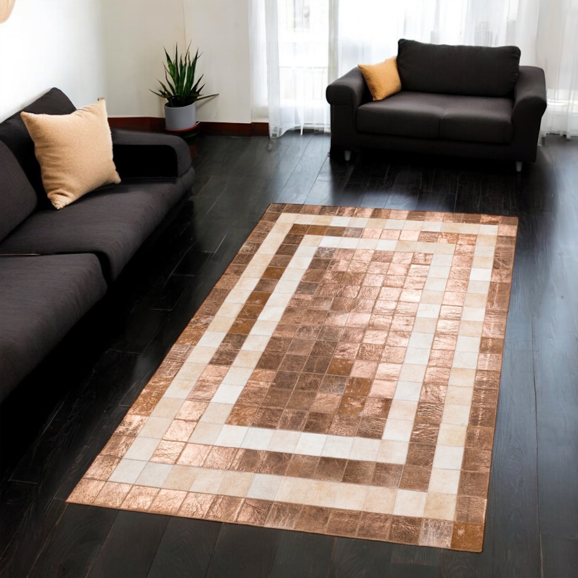 Bronz Renkli Dana Derisi Patchwork Halı – El Dokuma Hakiki Deri Lüks Dekoratif Salon Halısı