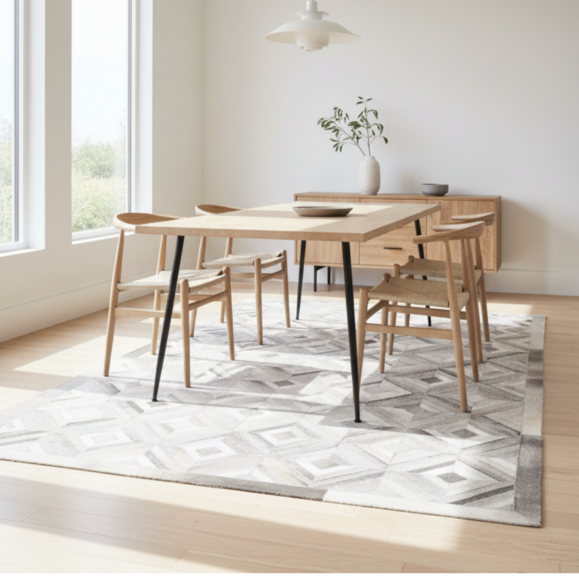 Gri Geometrik Patchwork Dana Derisi Halı – El Yapımı ve Yumuşak Dokulu – Özel Ölçü Seçenekleri