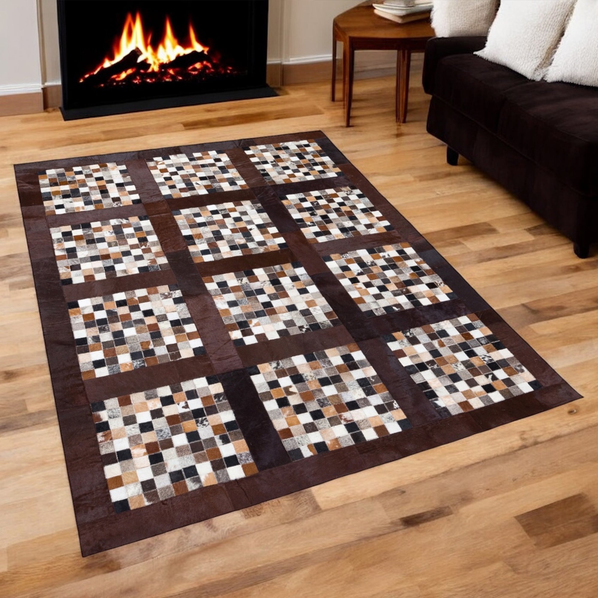 Kare Desenli Doğal Dana Derisi Patchwork Halı
