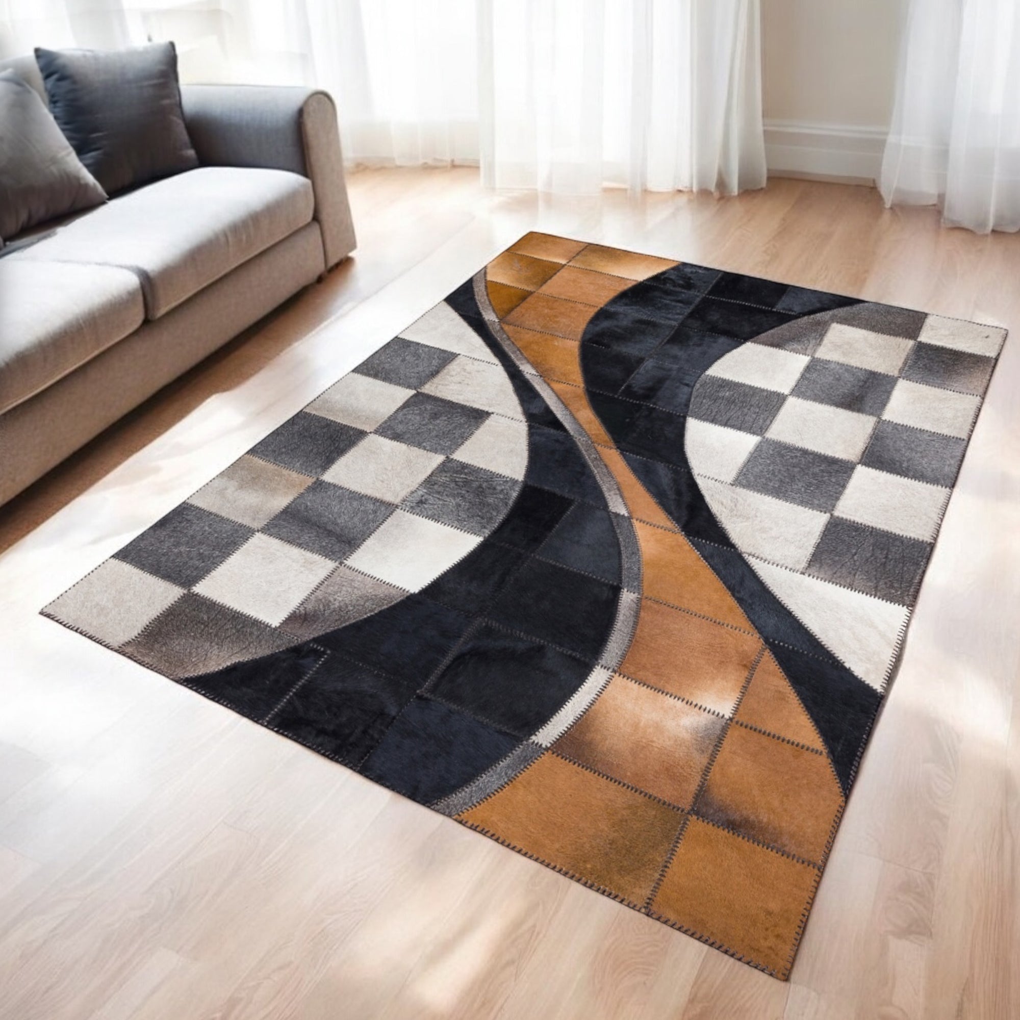 Üç Renkli Dana Derisi Patchwork Halı - El Yapımı Halı
