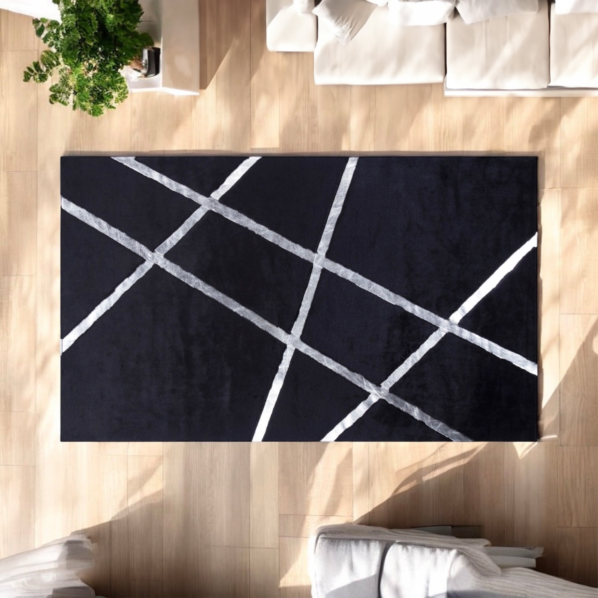 Siyah Gri Çizgili Peluş Halı – Modern Geometrik Tasarımlı, Yumuşak Dokulu, Kaymaz Tabanlı Salon ve Koridor Halısı