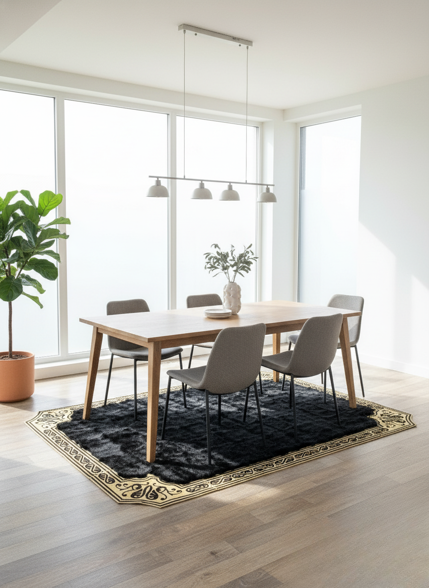 Siyah Toskana Halı – Altın Çerçeve Detaylı, Doğal ve Yoğun Kürk Doku, Kaymaz Taban – Özel Ölçü Seçenekleri