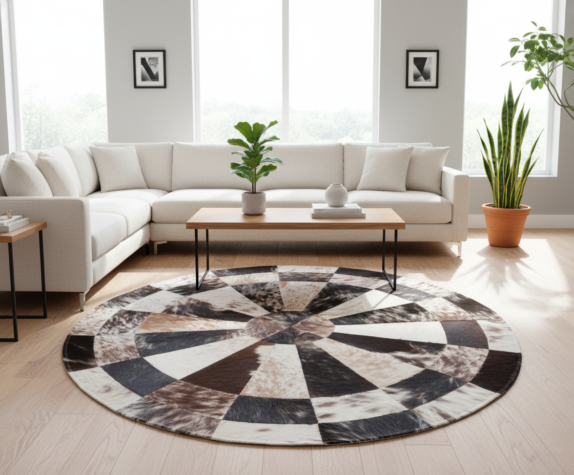 Yuvarlak Patchwork Dana Derisi Halı – Doğal Gerçek Deri