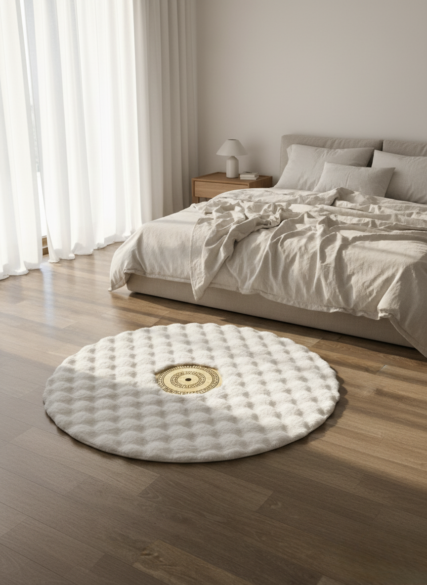 Beyaz Yuvarlak Peluş Halı – Altın Desenli, İz Yapmayan Ultra Yumuşak Doku ve Kaymaz Taban – Özel Ölçü Seçenekleri