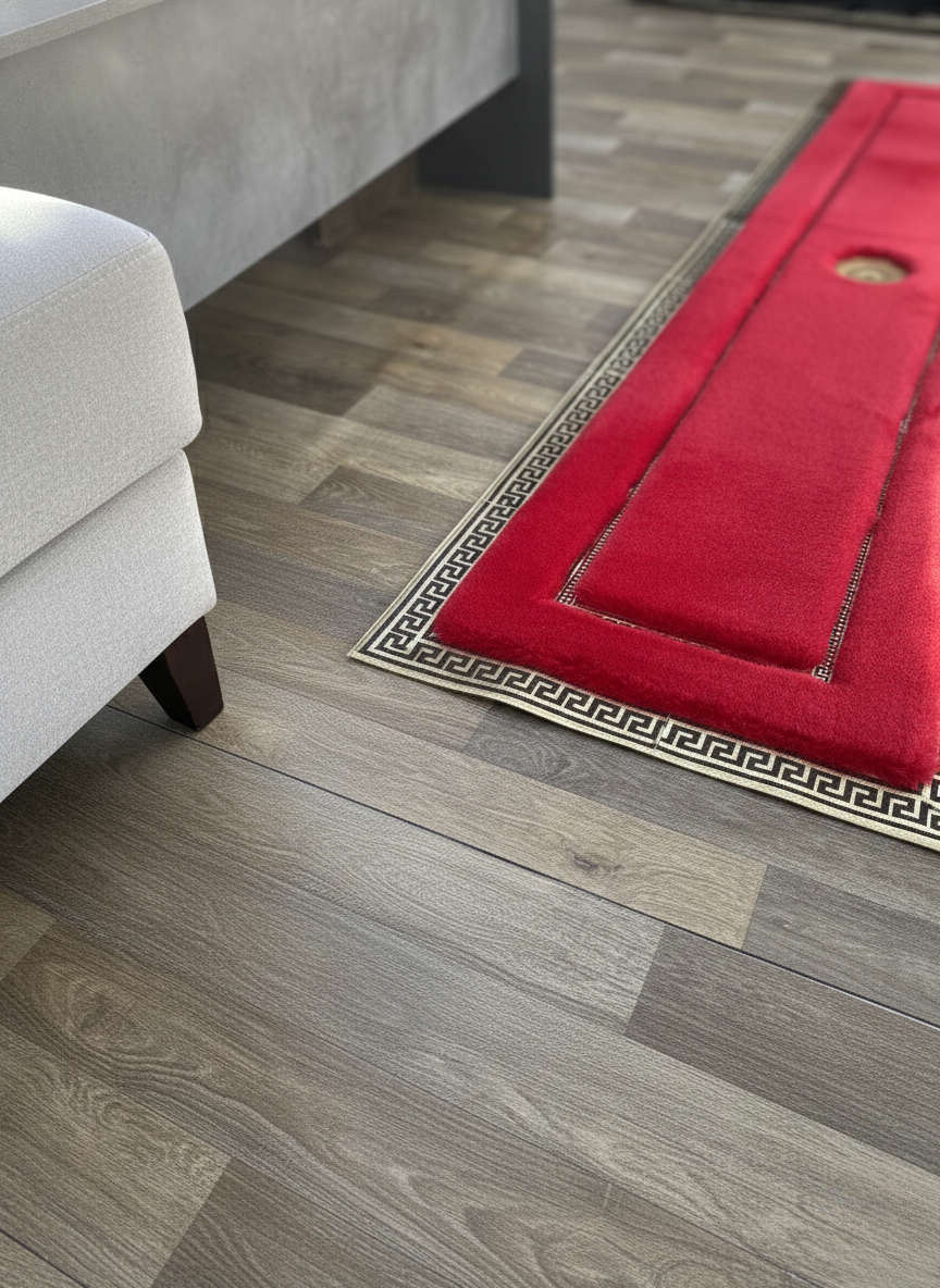 Kırmızı Peluş Antre Halısı – Altın-Siyah Desenli, İz Yapmayan Ultra Yumuşak Doku, Kaymaz Taban – Özel Ölçü Seçenekleri