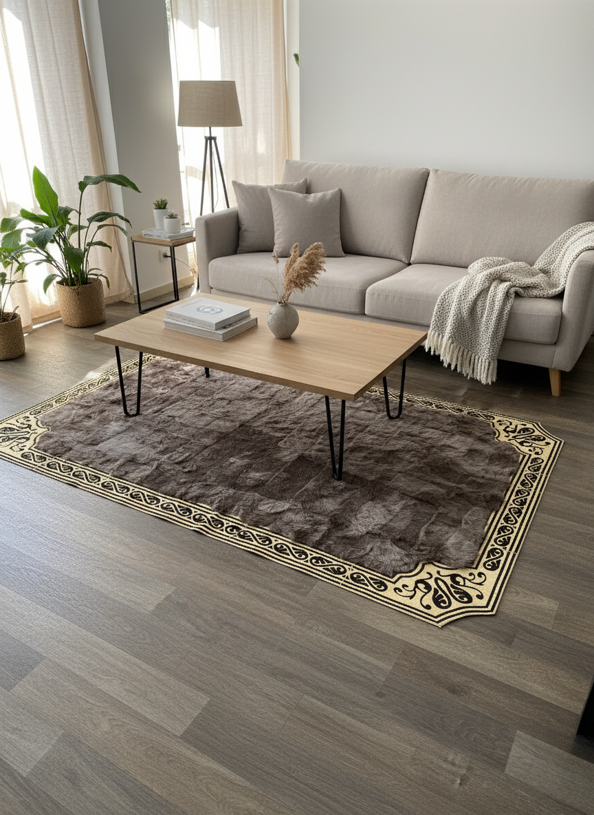Kahverengi Toskana Halı – Altın Köşe Desenli, Doğal ve Yumuşak Doku, Kaymaz Taban – Özel Ölçü Seçenekleri