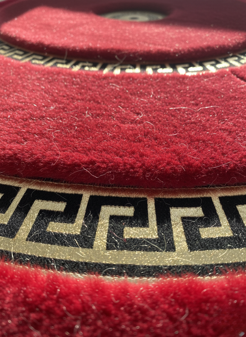 Kırmızı Yuvarlak Peluş Halı – Altın-Siyah Desenli, Yumuşak ve İz Yapmayan Doku, Kaymaz Taban – Özel Ölçü Seçenekleri