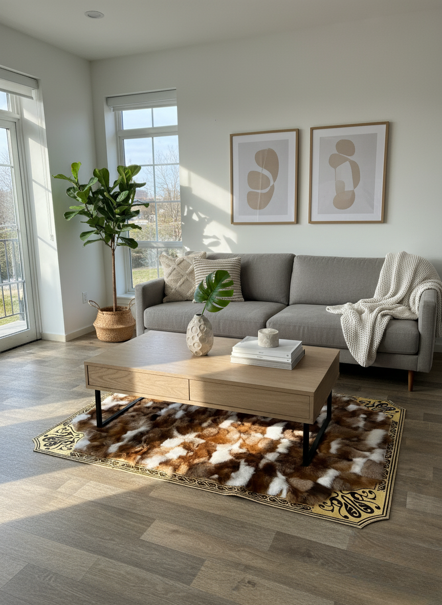 Doğal Tilki Kürkü Halı – Altın Köşe Detaylı, Yoğun ve Lüks Doku, Kaymaz Taban – Özel Ölçü Seçenekleri