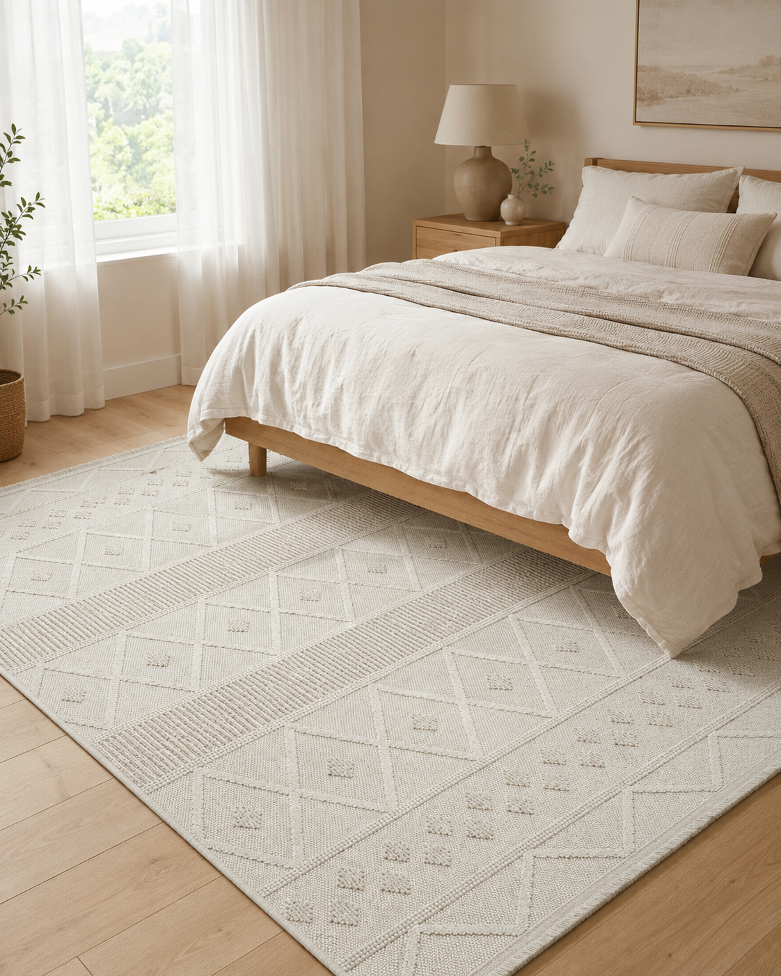 Krem Bej Geometrik Dokulu Halı, Boho İskandinav Salon Halısı – görsel 5