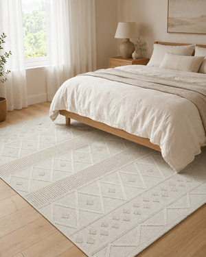 Krem Bej Geometrik Dokulu Halı, Boho İskandinav Salon Halısı – görsel 5