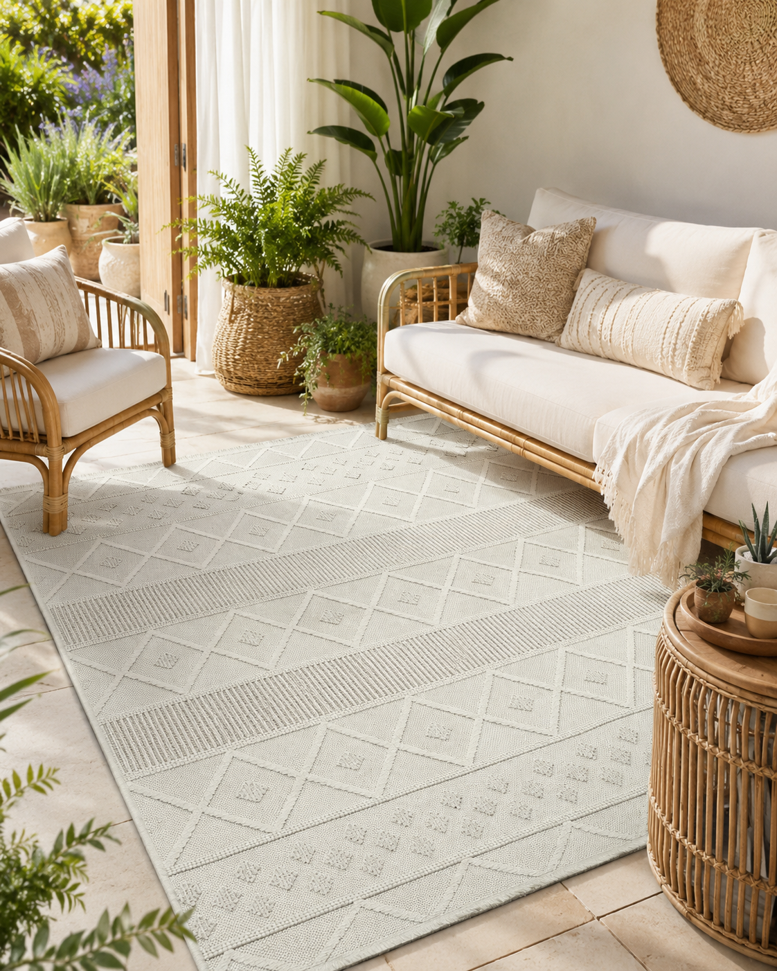 Krem Bej Geometrik Dokulu Halı, Boho İskandinav Salon Halısı – görsel 9