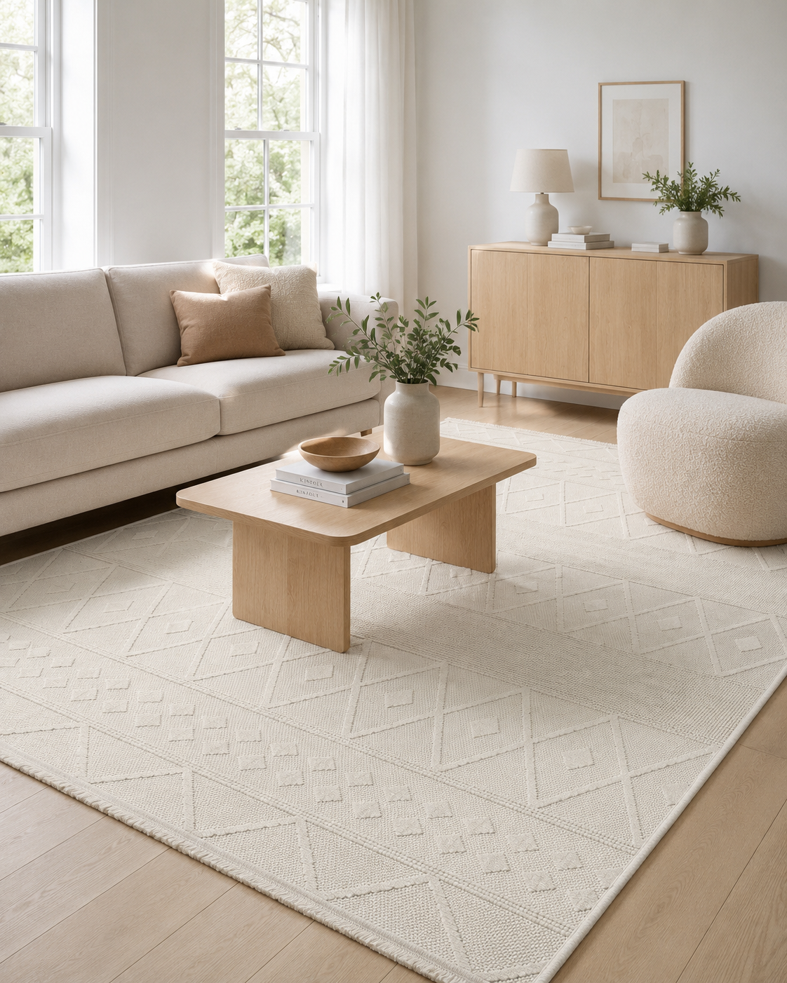 Krem Geometrik Dokulu Halı, Boho İskandinav Salon Halısı – görsel 4
