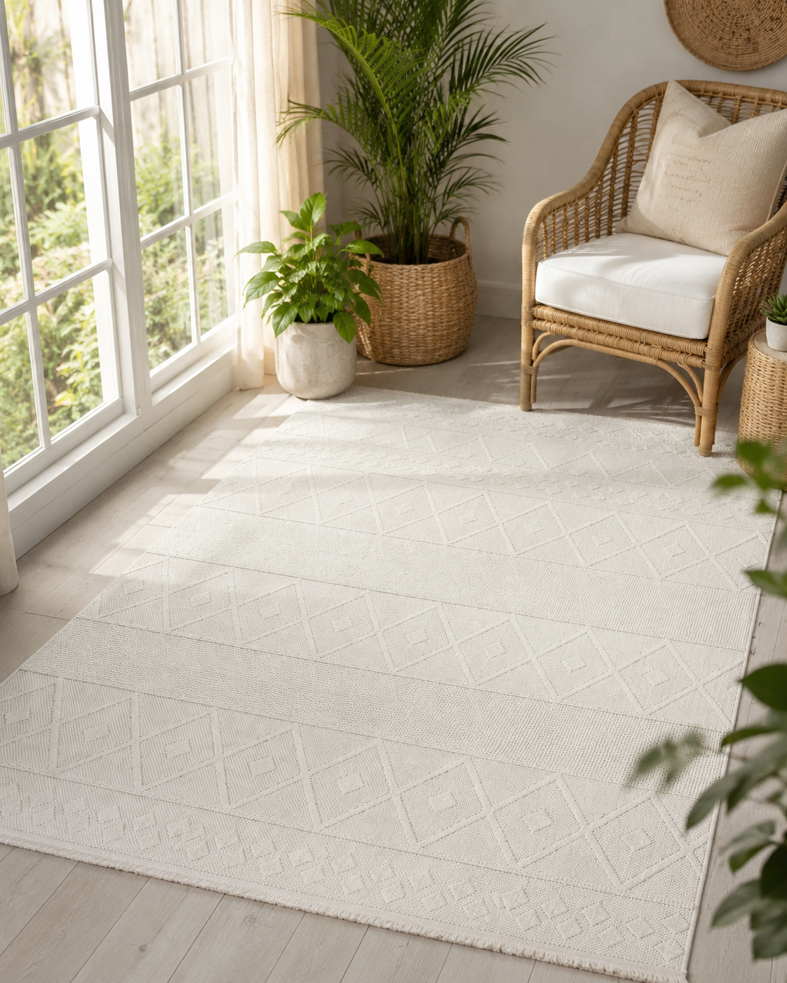 Krem Geometrik Dokulu Halısı, Boho İskandinav Salon Halısı