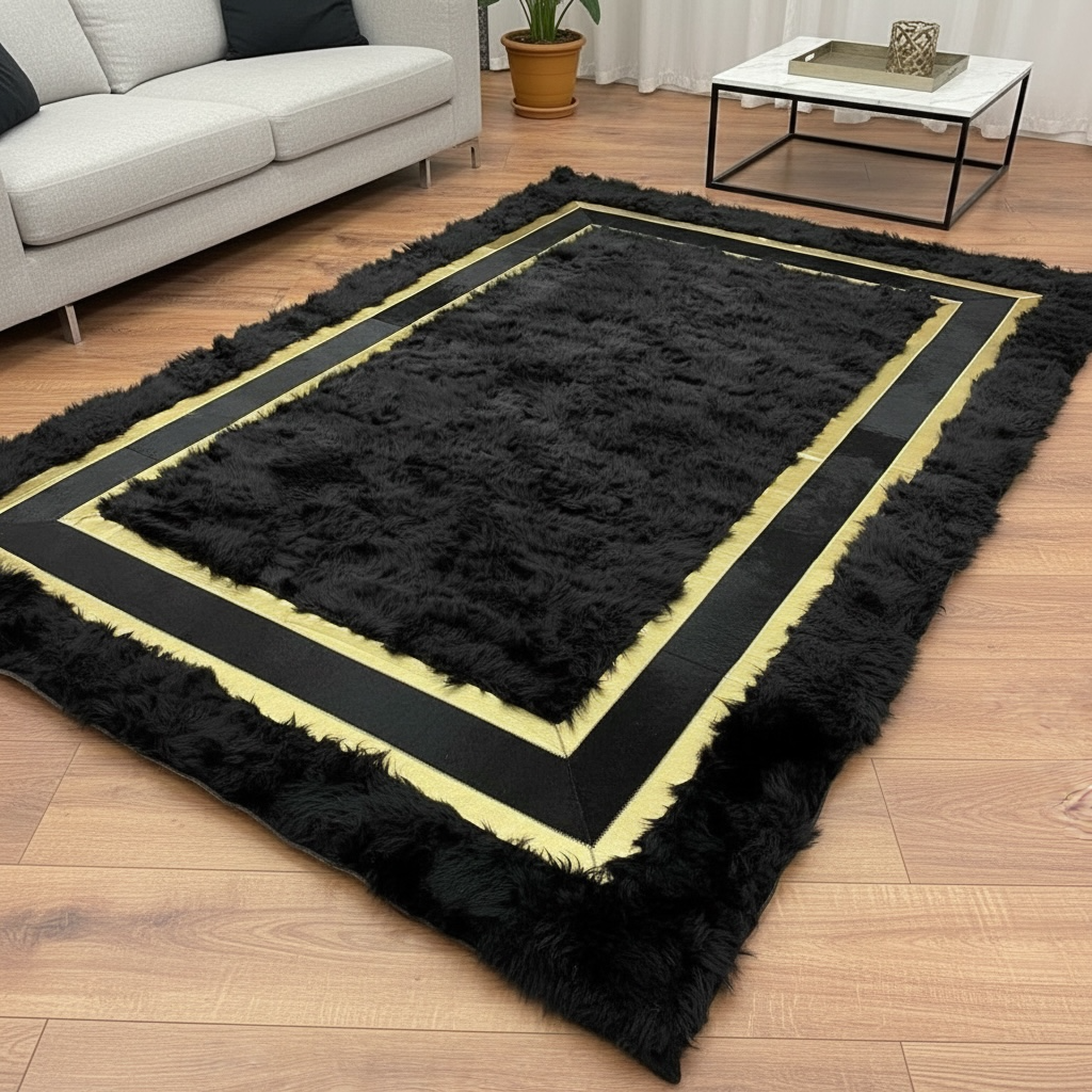 Modern Salonlar İçin Toscana Siyah Kürk Halı – Altın Detaylı