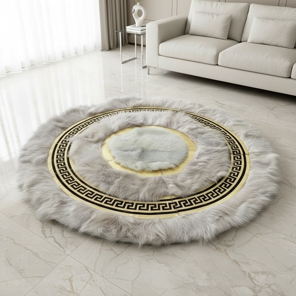 Krem Zeminli Beyaz Merkezli Altın Detaylı Yuvarlak Toskana Halı