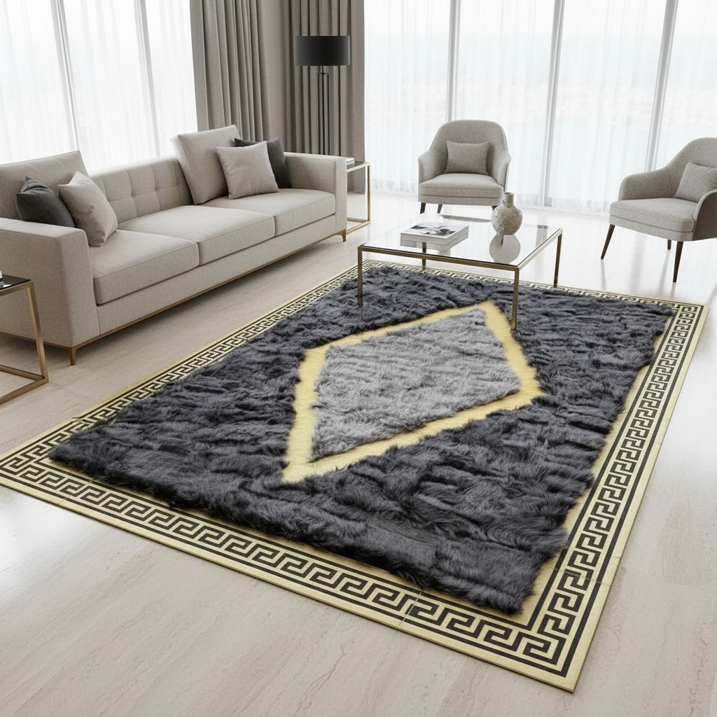 Altın Bordürlü Gri Toscana Kürk Salon Halısı – Klasik ve Lüks Tasarım