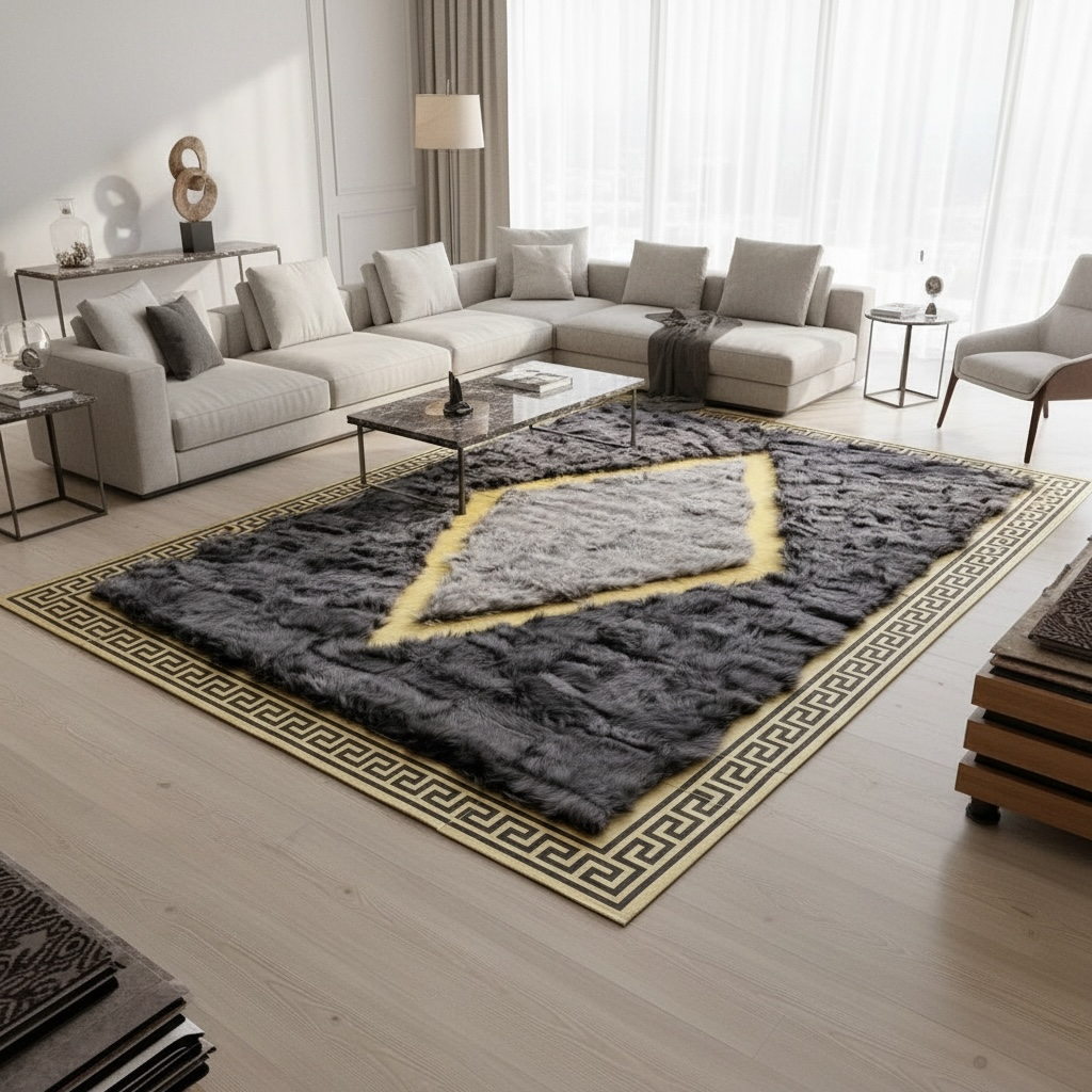 Altın Bordürlü Gri Toscana Kürk Salon Halısı – Klasik ve Lüks Tasarım