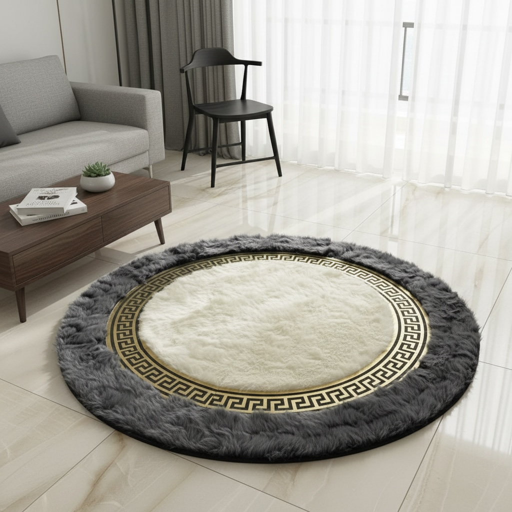 Krem Merkezli Koyu Gri Zeminli Altın Çerçeveli Yuvarlak Toskana Halı