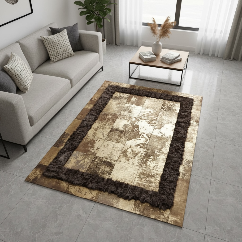 Koyu Çerçeveli Bej ve Kahverengi Tonlu Dana Derisi Patchwork Halı