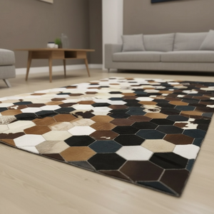 Siyah, Bej ve Kahverengi Tonlu Dana Derisi Patchwork Halı – görsel 8