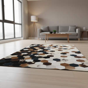 Siyah, Bej ve Kahverengi Tonlu Dana Derisi Patchwork Halı – görsel 5