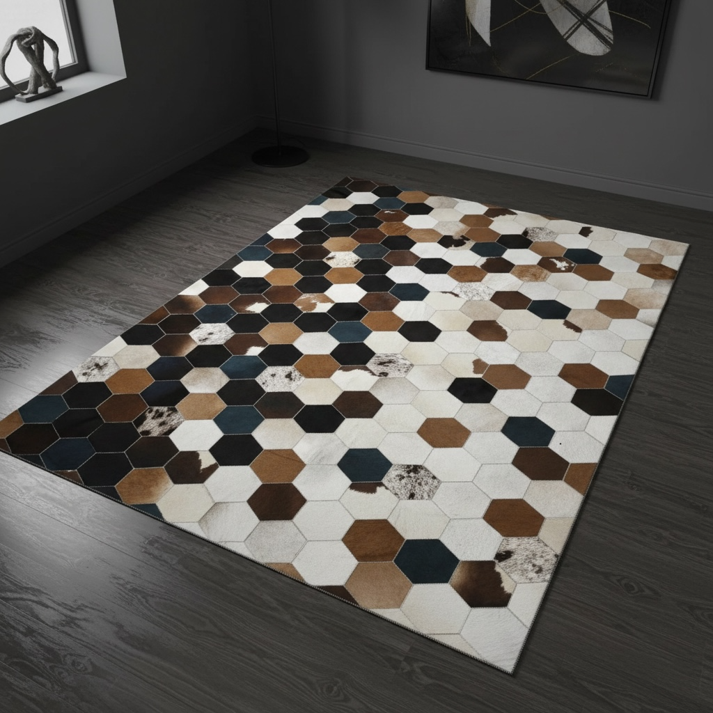 Siyah, Bej ve Kahverengi Tonlu Dana Derisi Patchwork Halı