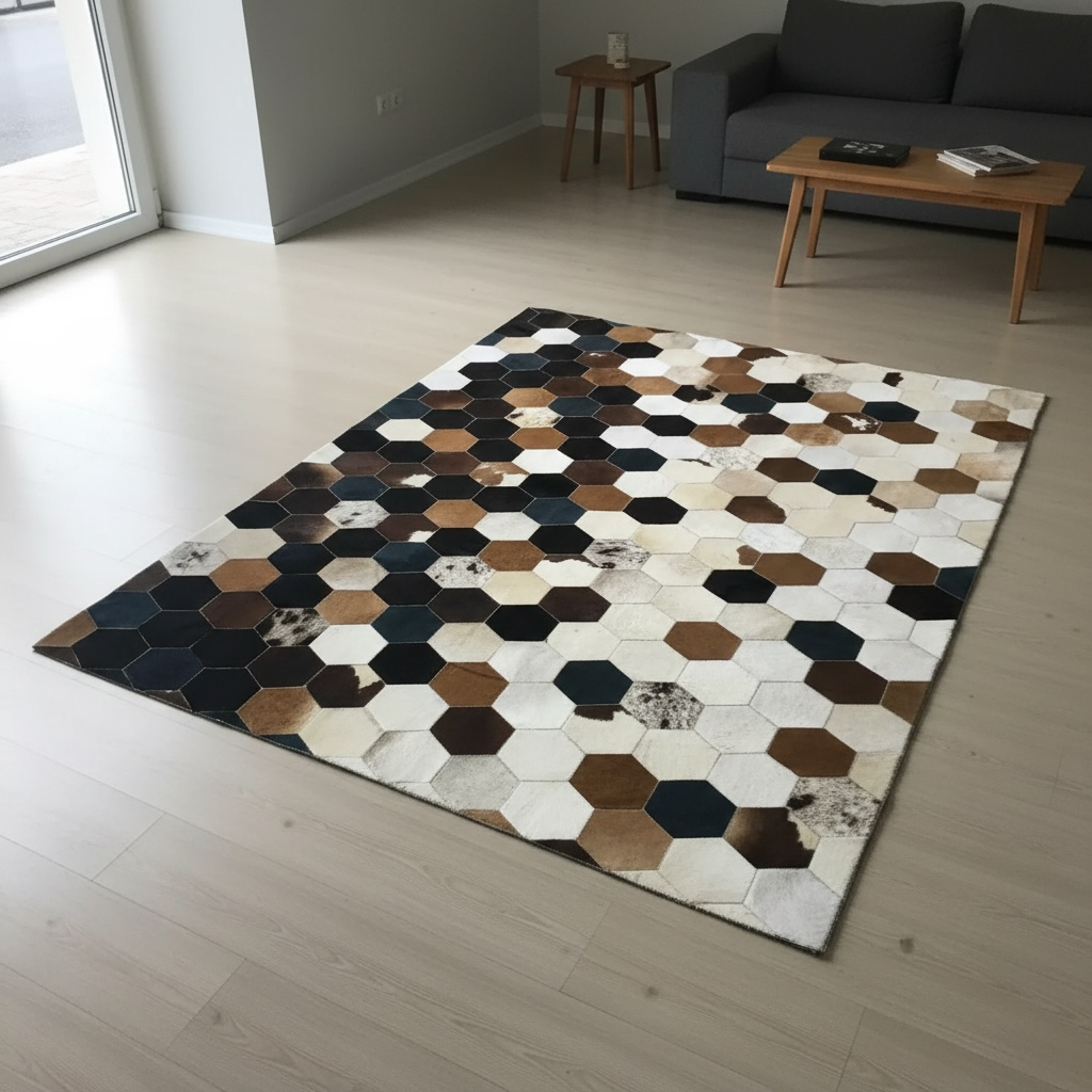 Siyah, Bej ve Kahverengi Tonlu Dana Derisi Patchwork Halı – görsel 3
