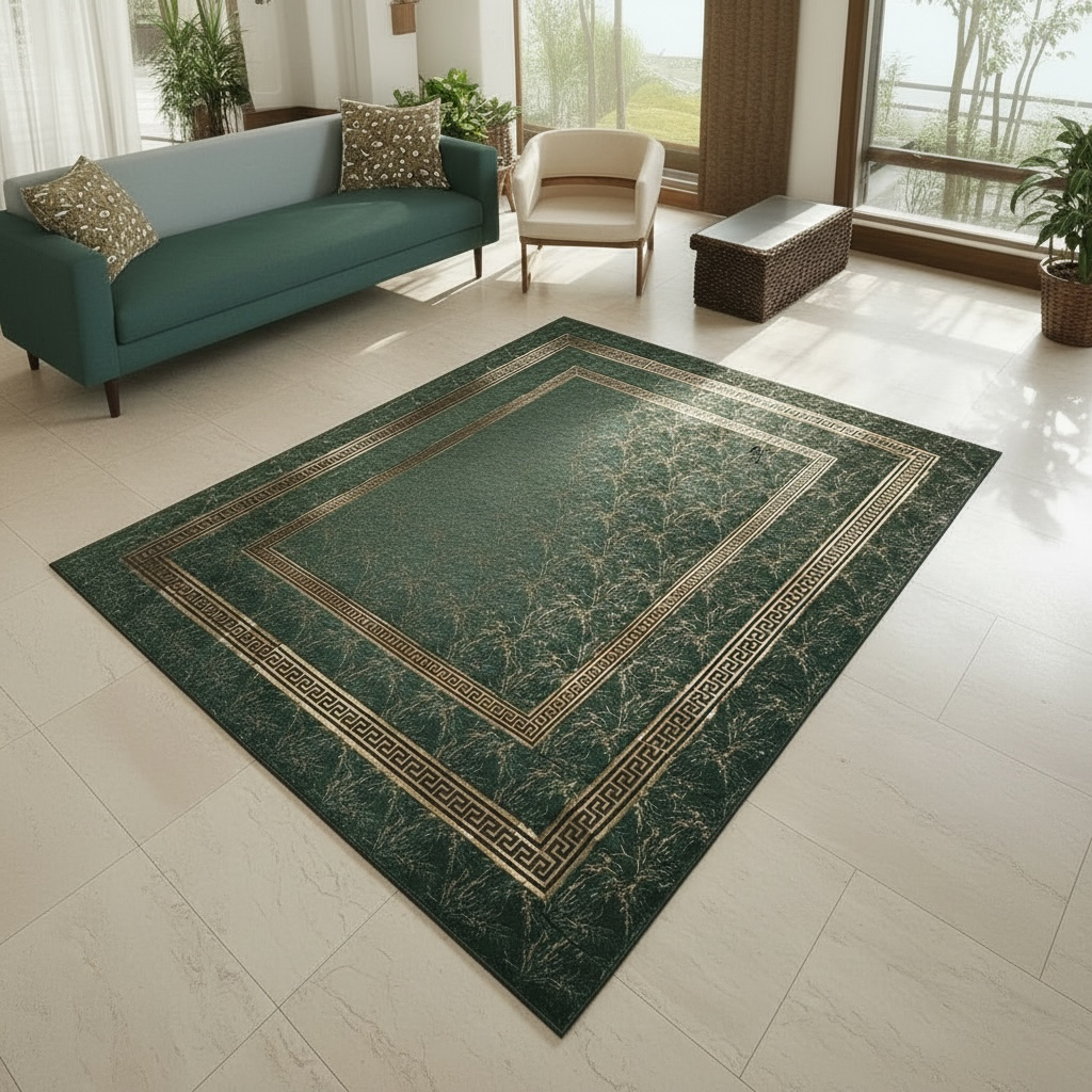 Yeşil Zeminli Desenli Altın Bordürlü Peluş Halı – Yumuşak Dokulu, Modern ve Dekoratif Halı