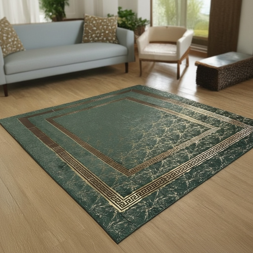Yeşil Zeminli Desenli Altın Bordürlü Peluş Halı – Yumuşak Dokulu, Modern ve Dekoratif Halı