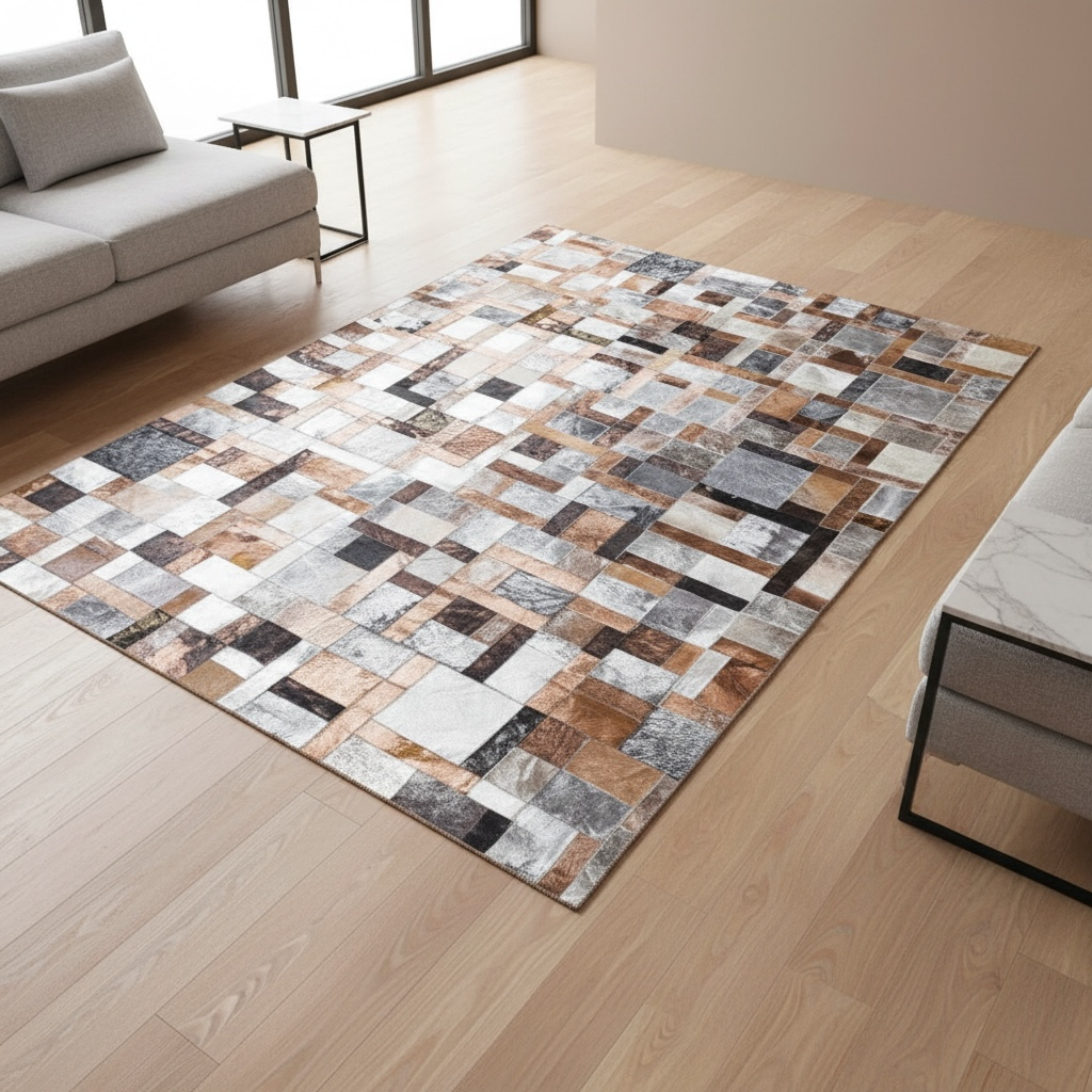 Kahverengi ve Gri Tonlu Dana Derisi Patchwork Halı