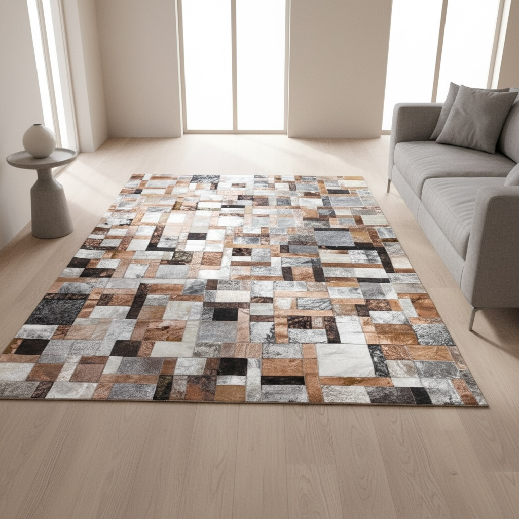 Kahverengi ve Gri Tonlu Dana Derisi Patchwork Halı