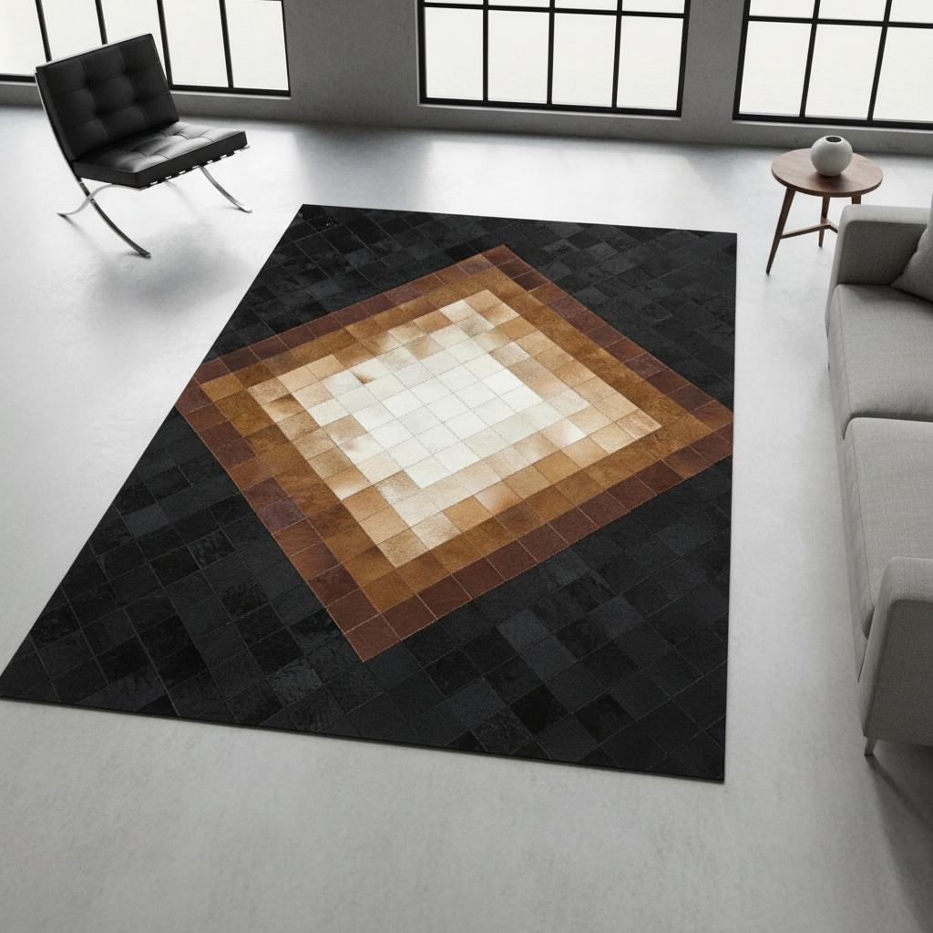 Bej, Kahverengi ve Siyah Koyu Tonlu Dana Derisi Patchwork Halı – El Yapımı Doğal Deri Dekoratif Halı