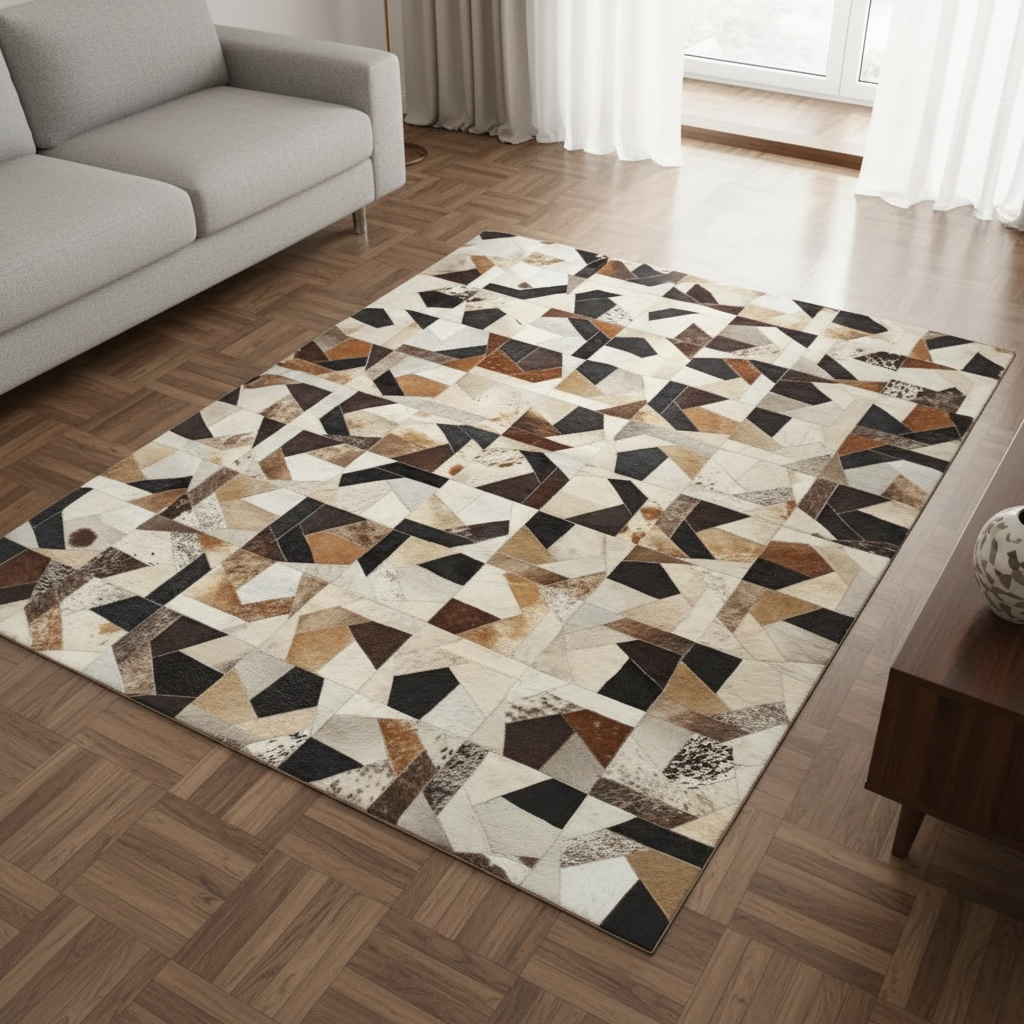 Modern Patchwork Cowhide Rug, Geometric Ombre Design