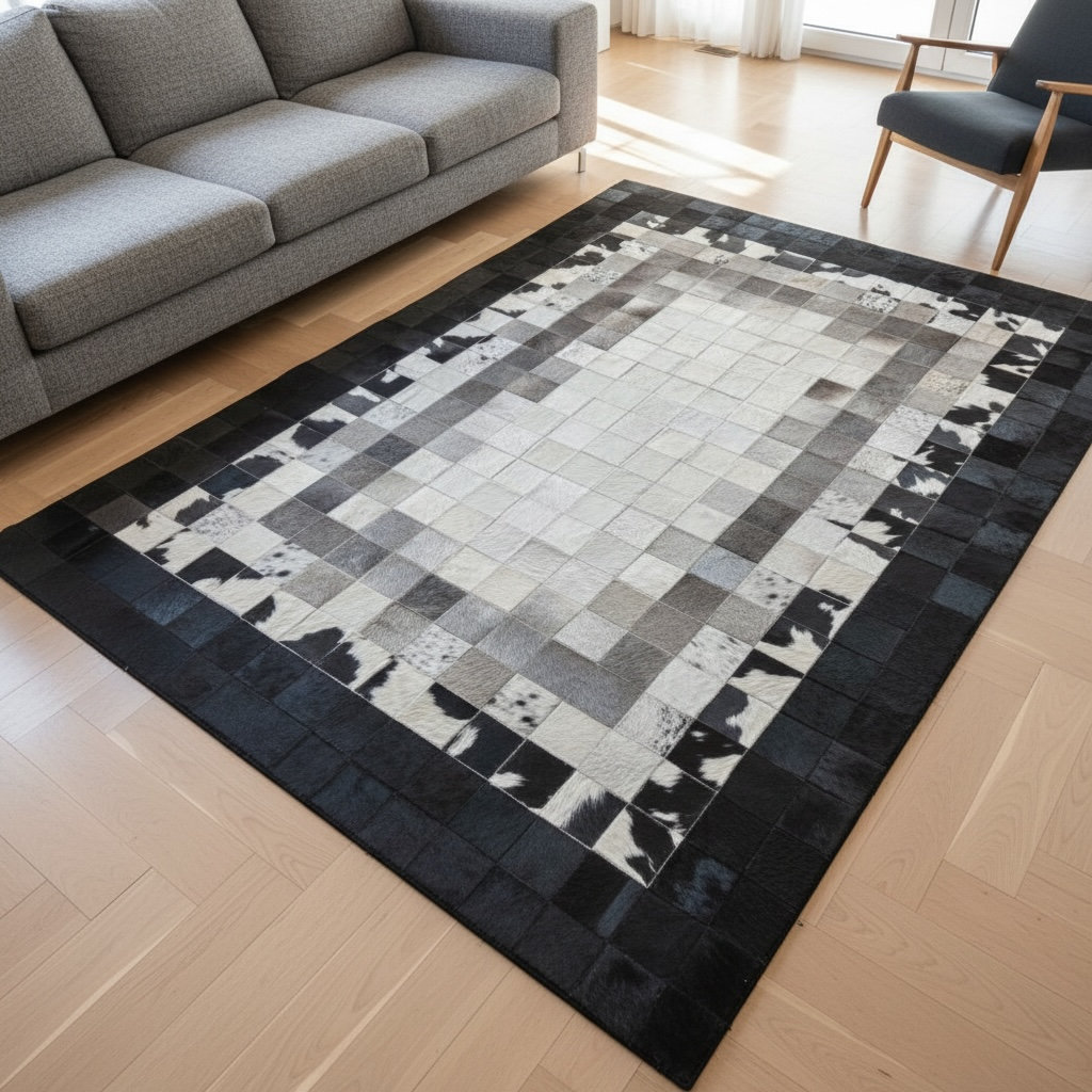 Açık Bej Zeminli Siyah Çerçeve Doğal Desenli Dana Derisi Patchwork Halı