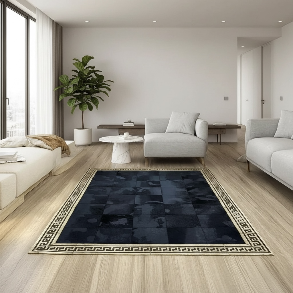 Siyah ve Altın Rengi Kenarlı Dana Derisi Patchwork Halı – El Yapımı Doğal Deri Dekoratif Halı