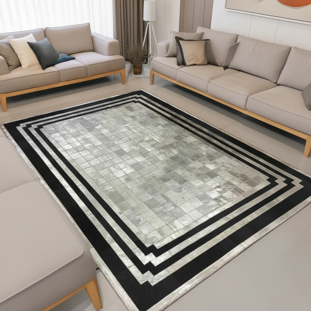 Siyah ve Gri Bordürlü Dana Derisi Patchwork Halı