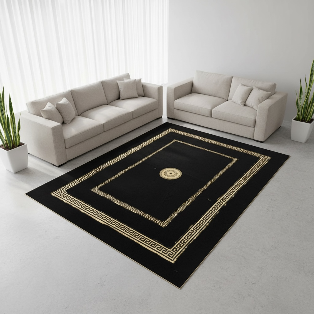 Siyah Zeminli Çift Altın Bordür Detaylı Peluş Halı – Yumuşak Dokulu, Modern ve Dekoratif Halı