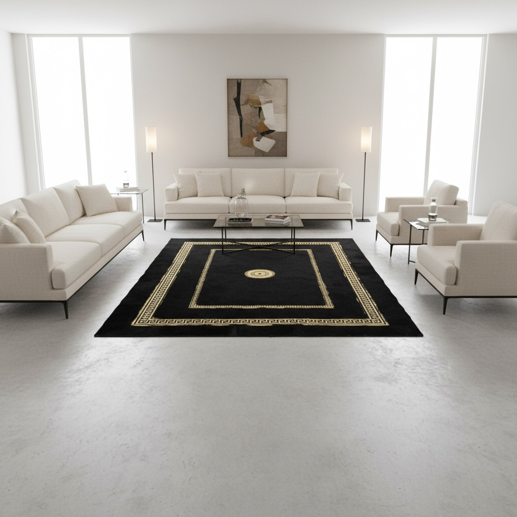 Siyah Zeminli Çift Altın Bordür Detaylı Peluş Halı – Yumuşak Dokulu, Modern ve Dekoratif Halı