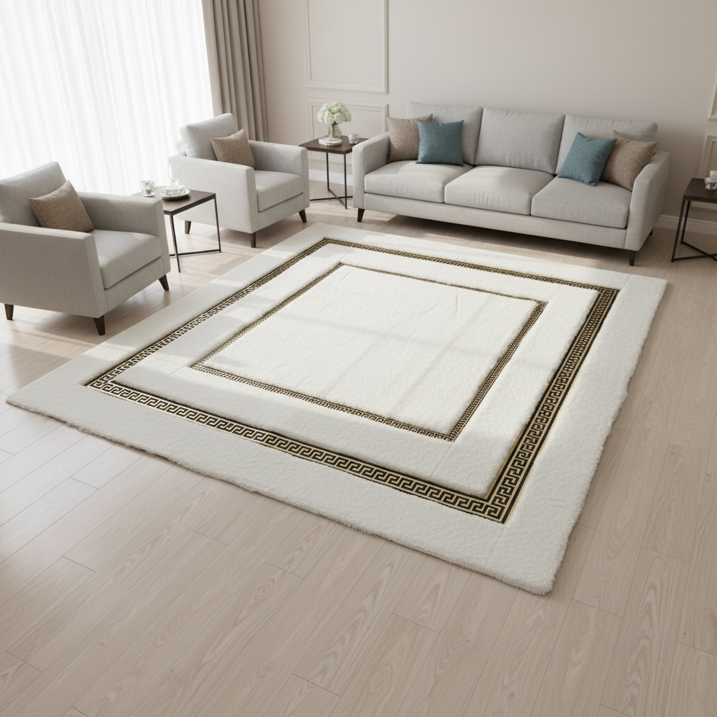 Beyaz Zeminli Altın Çerçeve Detaylı Peluş Halı – Yumuşak Dokulu, Şık ve Dekoratif Halı