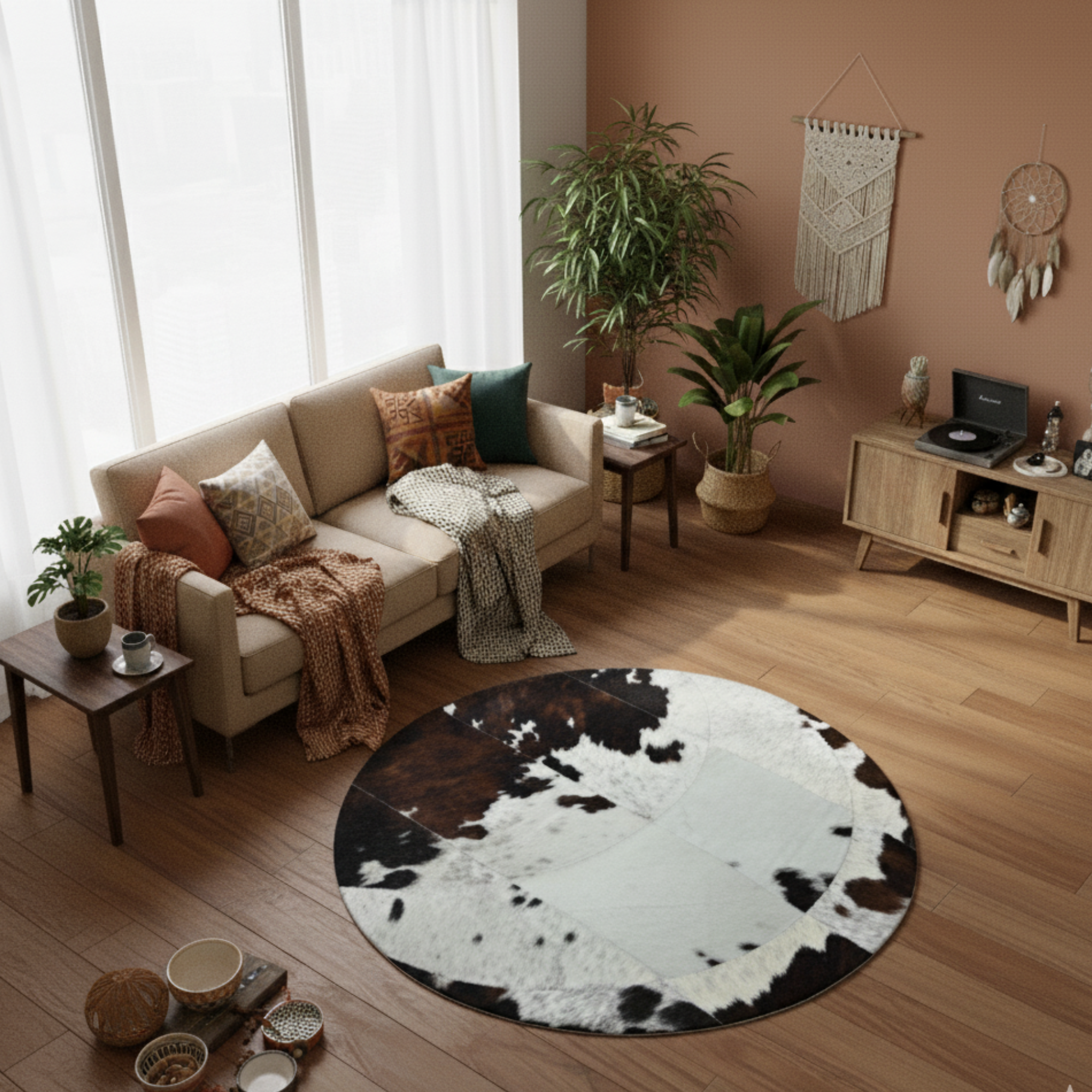 Yuvarlak Patchwork Dana Derisi Halı – Siyah Beyaz Kahverengi