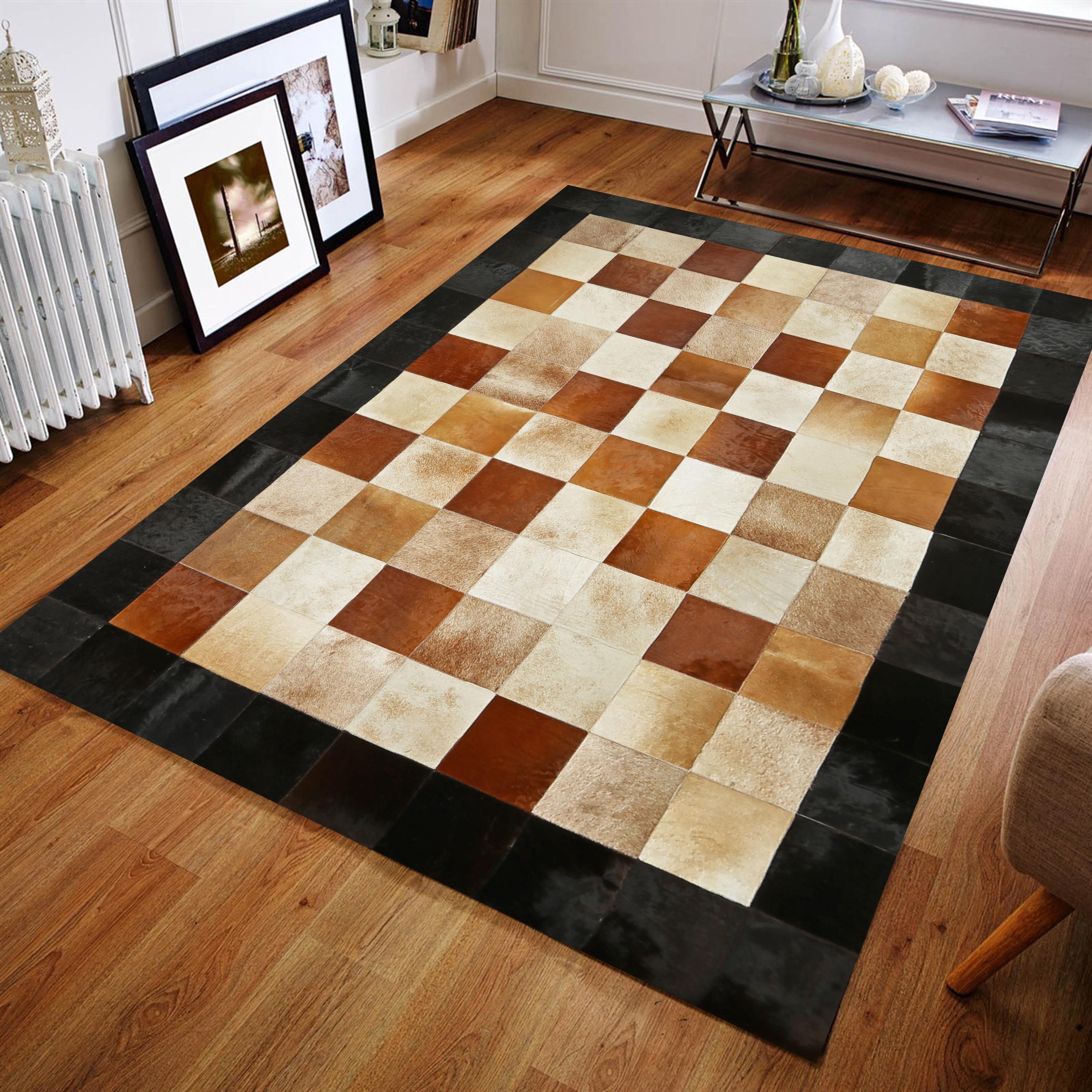 Siyah Kahverengi Doğal Dana Derisi Patchwork Halı – El Dokuma Gerçek Deri Dekoratif Salon Halısı